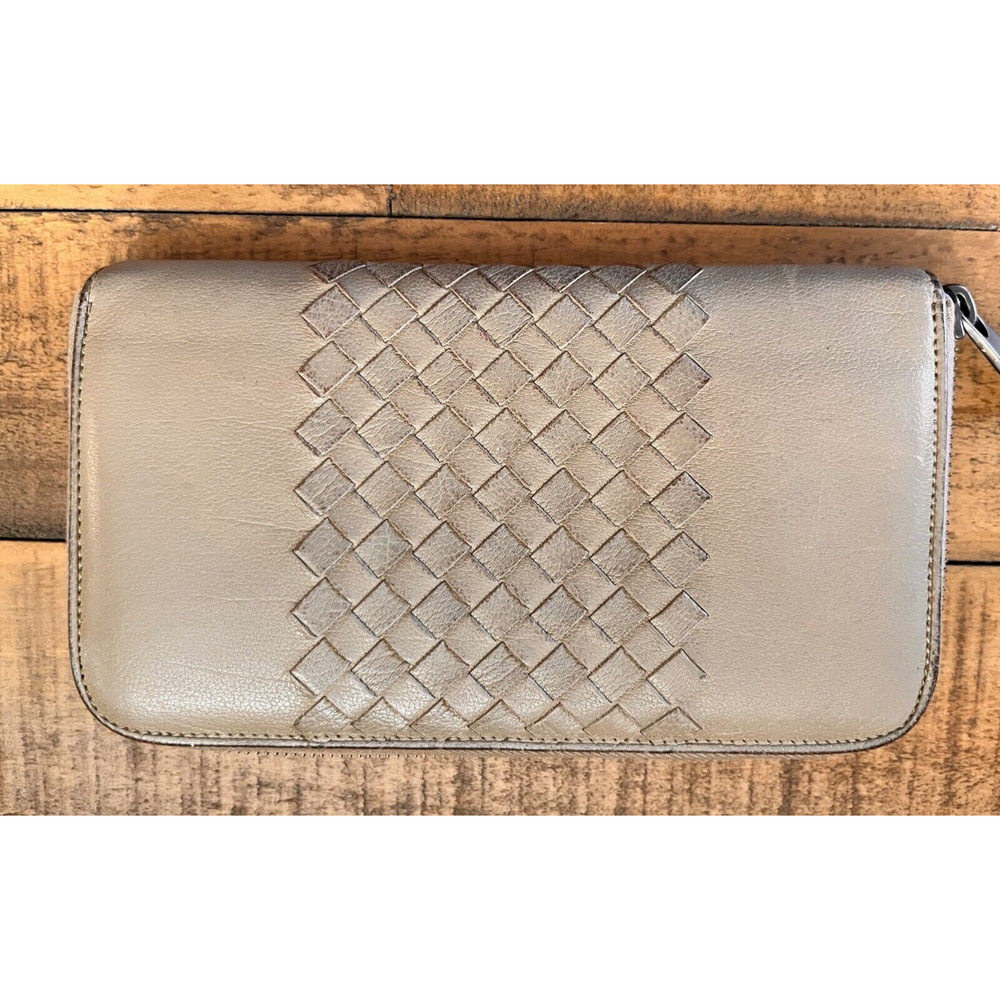 Bottega Veneta Intrecciato Zip Around Long Leather Wallet Taupe/Gray